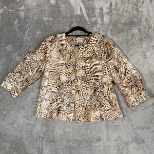 Chicos Sizs 2 Animal Print Jacket Blazer Geometric Career Ruched 3/4 Sleeve